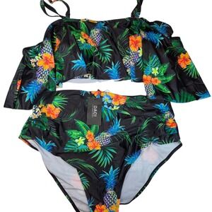Daci Bikini Swimsuit Womens 20W Black Tropical Pineapple High Waist Pool 845 NWT